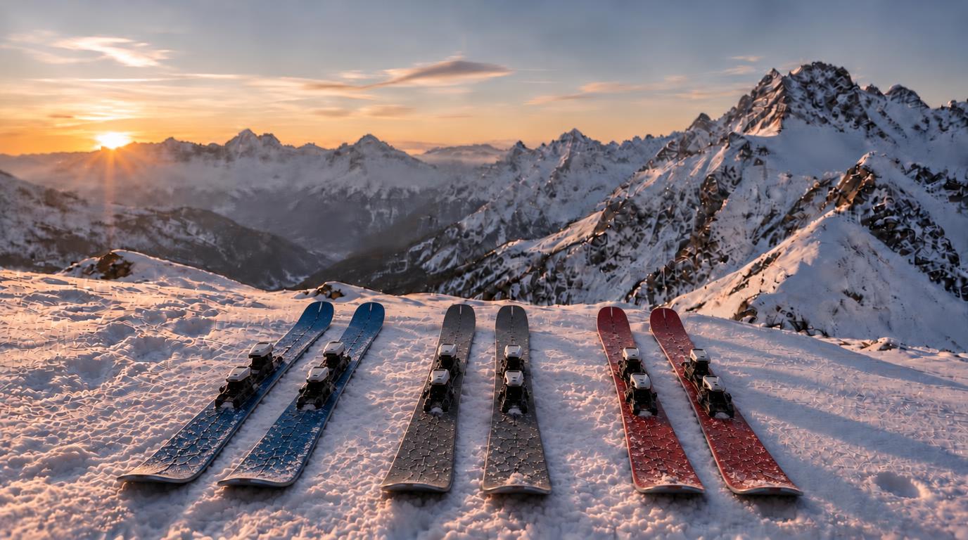 Skis in fresh snow below alpine peaks